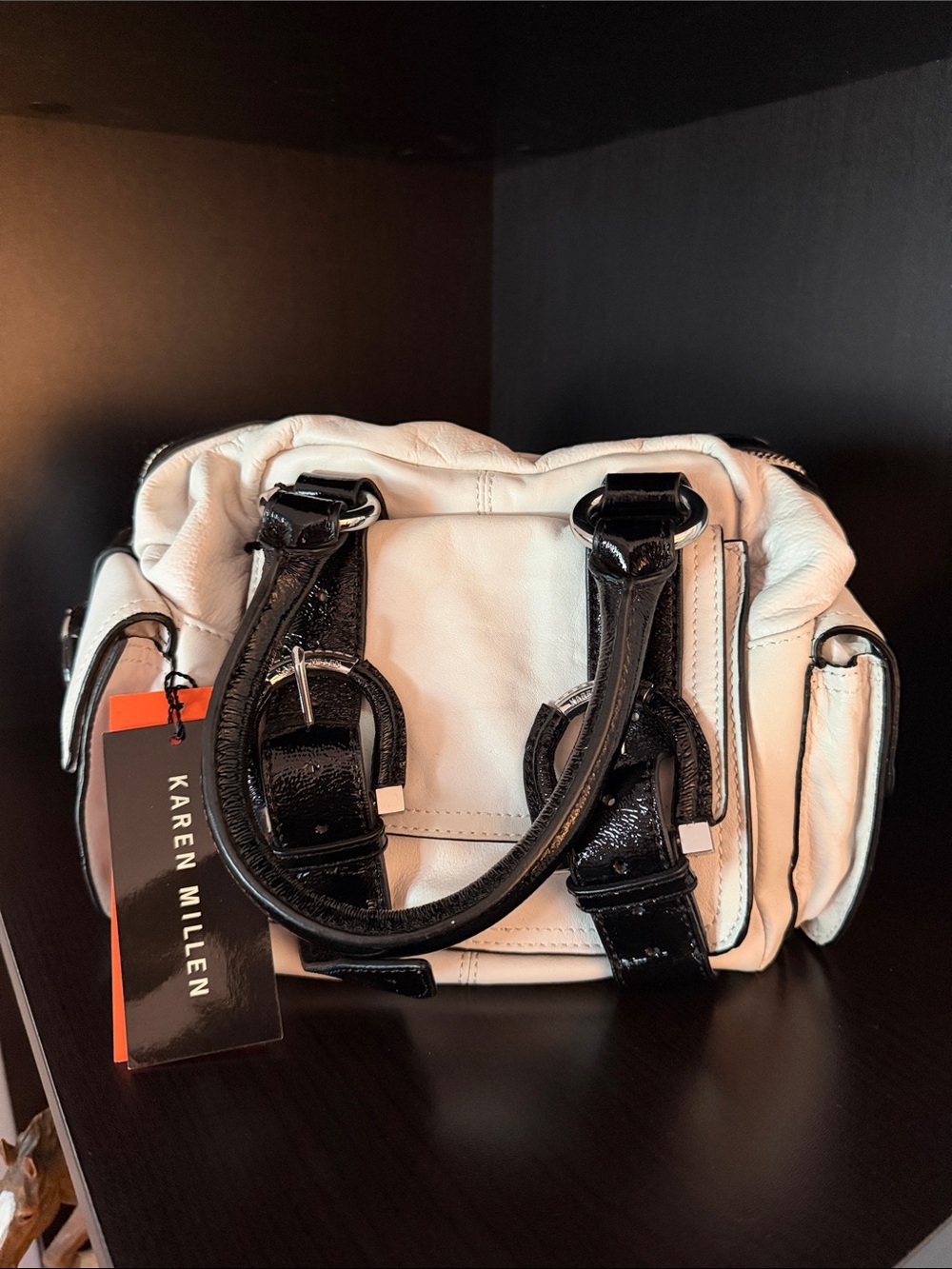 Karen Millen White and Black Two-Tone Leather Satchel